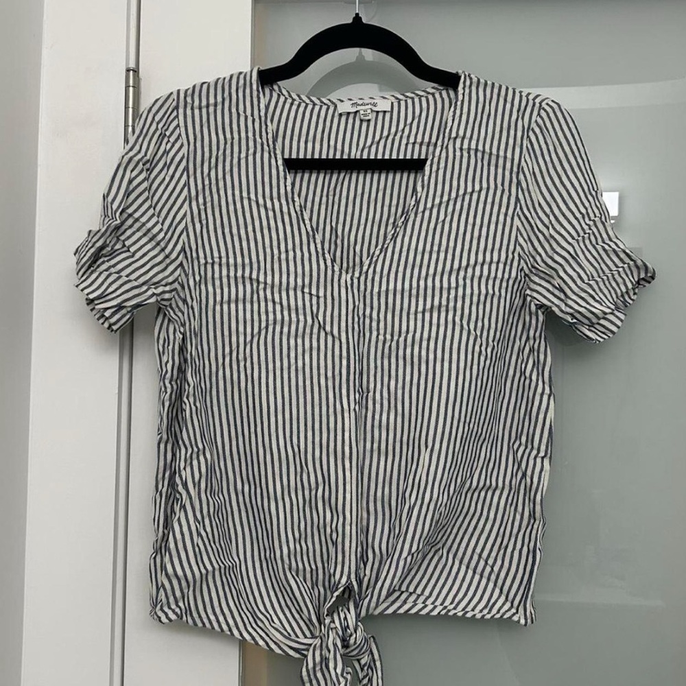 Madewell Blue and White Striped Tie-Front Blouse